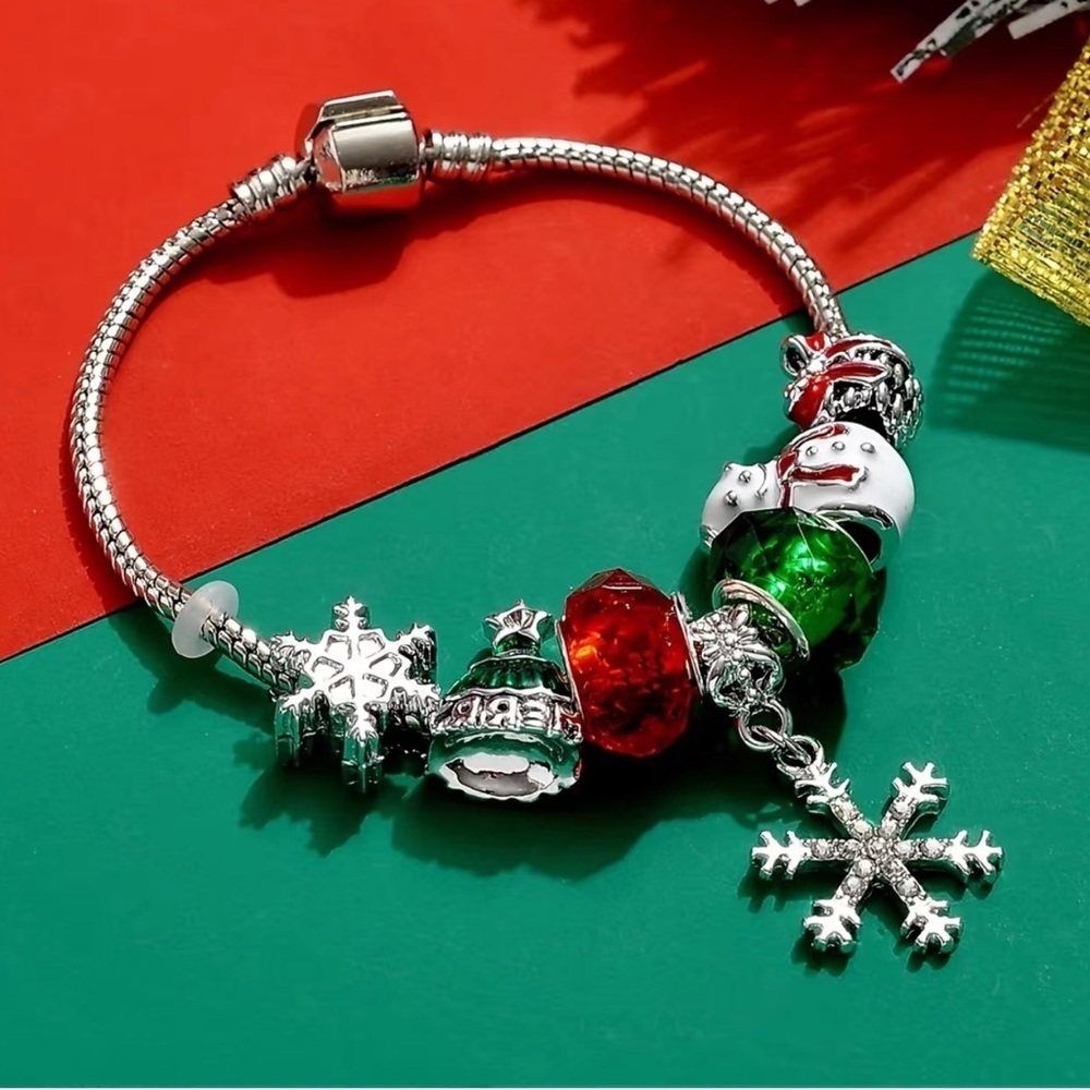Christmas Charm Bracelet Barrel Charms Multi Color Dangle Glittering Snowflake - Picture 4 of 16